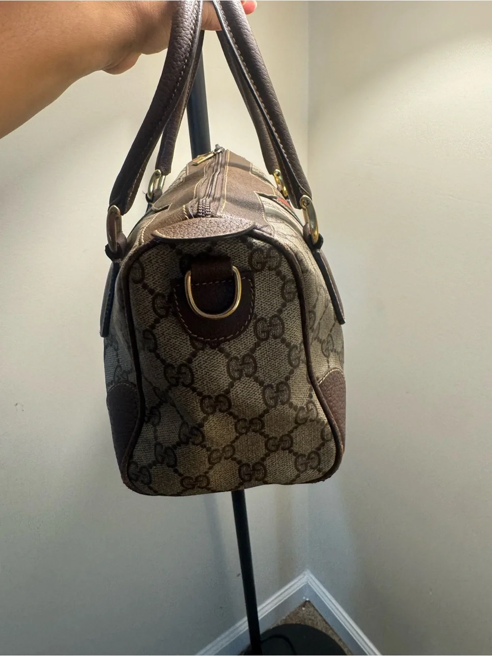Gucci Brown Monogram Satchel with Green-Red Stripe